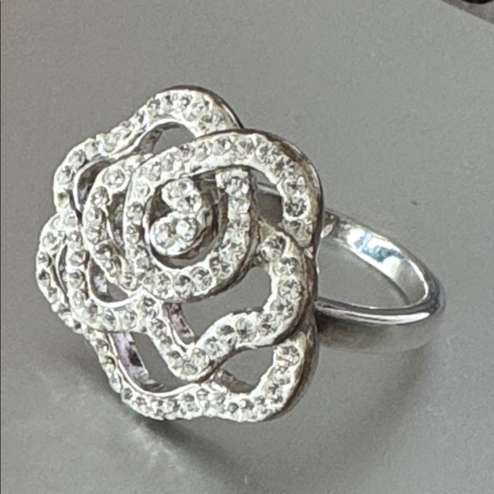 Rose Flower Pure Silver Plated Ring with Crystals Sz. 9 VTG